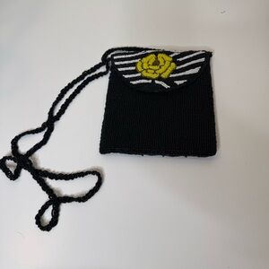 BagiesbyMagies Black Beaded Crossbody Bag with Yellow Flower black